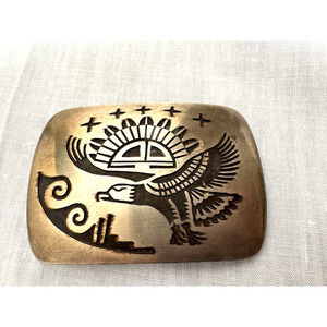 Native American HOPI Belt Buckle Sterling Silver Signed Eagle and Sun 40 gr